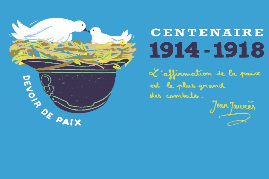 Centenaire 1914-1918 Colombes posées sur un casque de soldat, iscription devoir de paix Jean Jaures